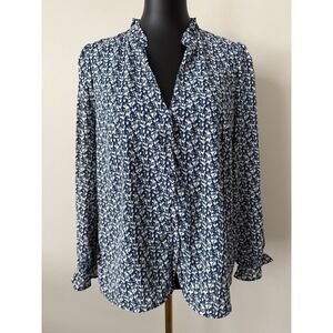 Berthie Paris Women's 8 Long Sleeve Blue White Leaf Design Blouse Viscose NWOT